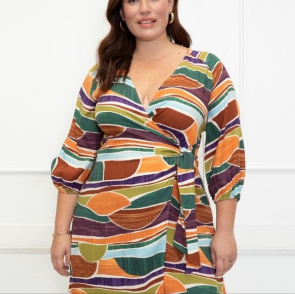 NWT ELOQUII ELEMENTS PUFF SLEEVE FAUX WRAP DRESS - Picture 2 of 5